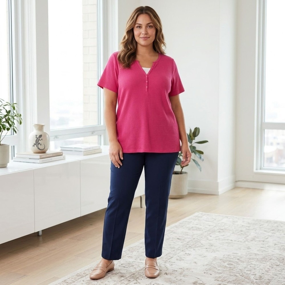 Woman Within Henley Top Womens 22/24 Pink Waffle Knit Short Sleeve Button Neck - Picture 3 of 13